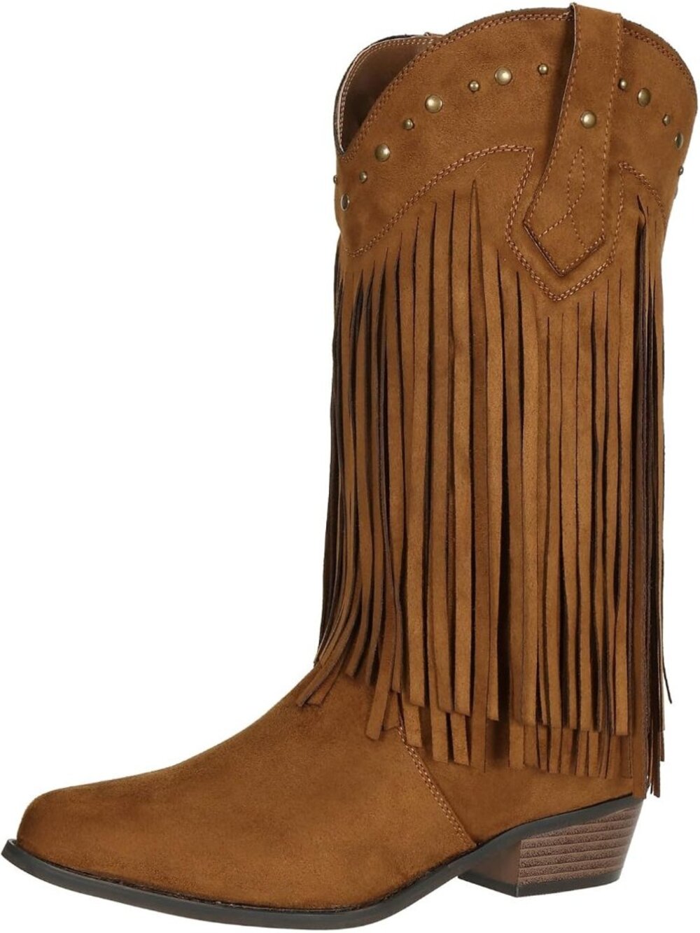 Women’s Brown Wide Width Fringe Boots Mid Calf Stud Tassel Western Cowgirl Boots